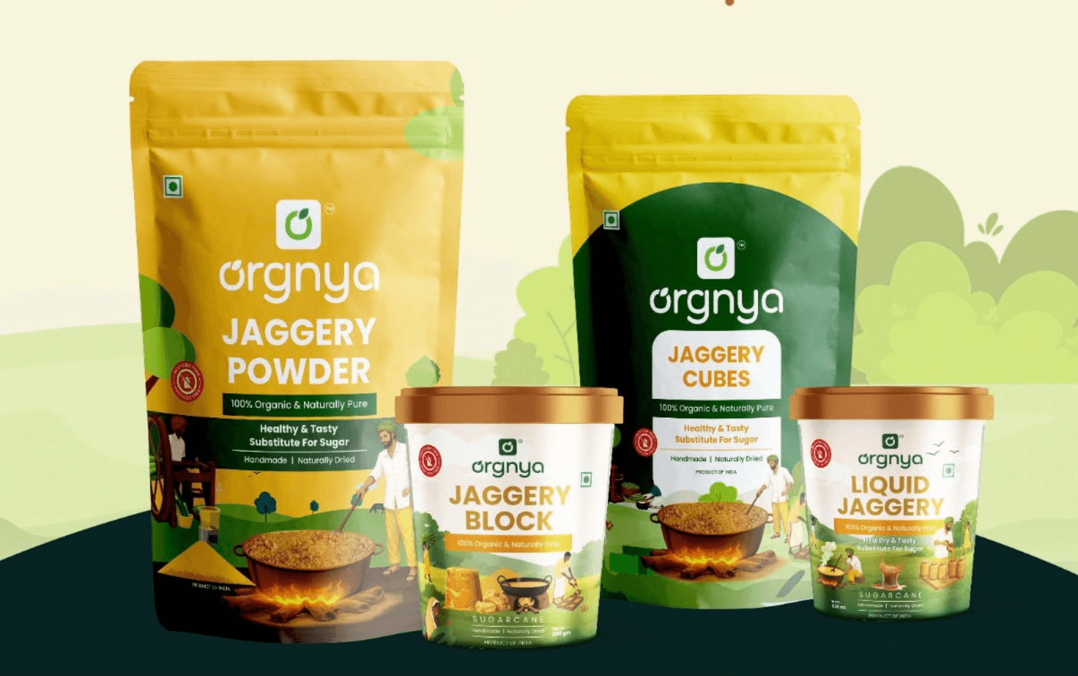 Orgnya jaggery powder, cubes, block and liquid jaggery